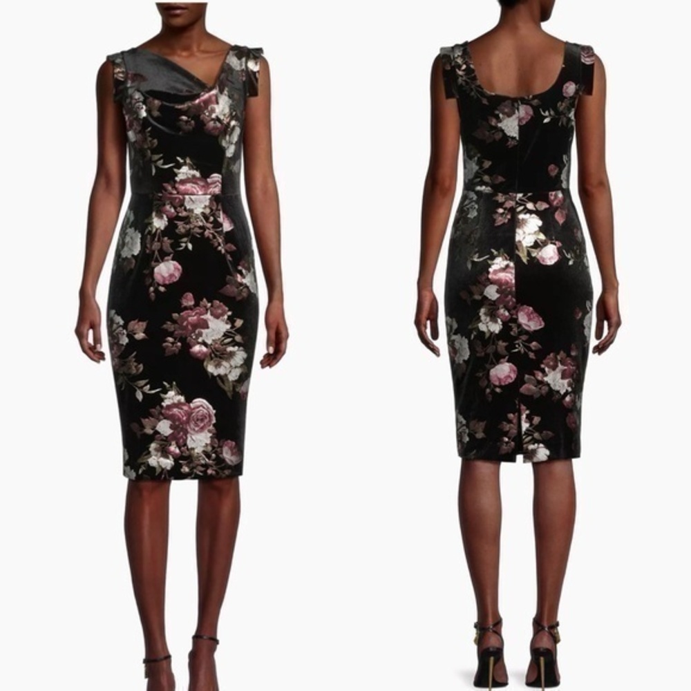 Black Halo Black Floral Velvet Knee Length Sheath Dress Size 0